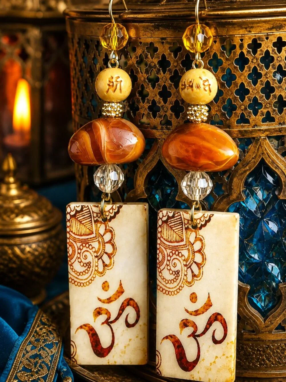 Artisan Hand Crafted Om Aum Symbol Earrings Amber Tan Brown Beaded Yoga Zen